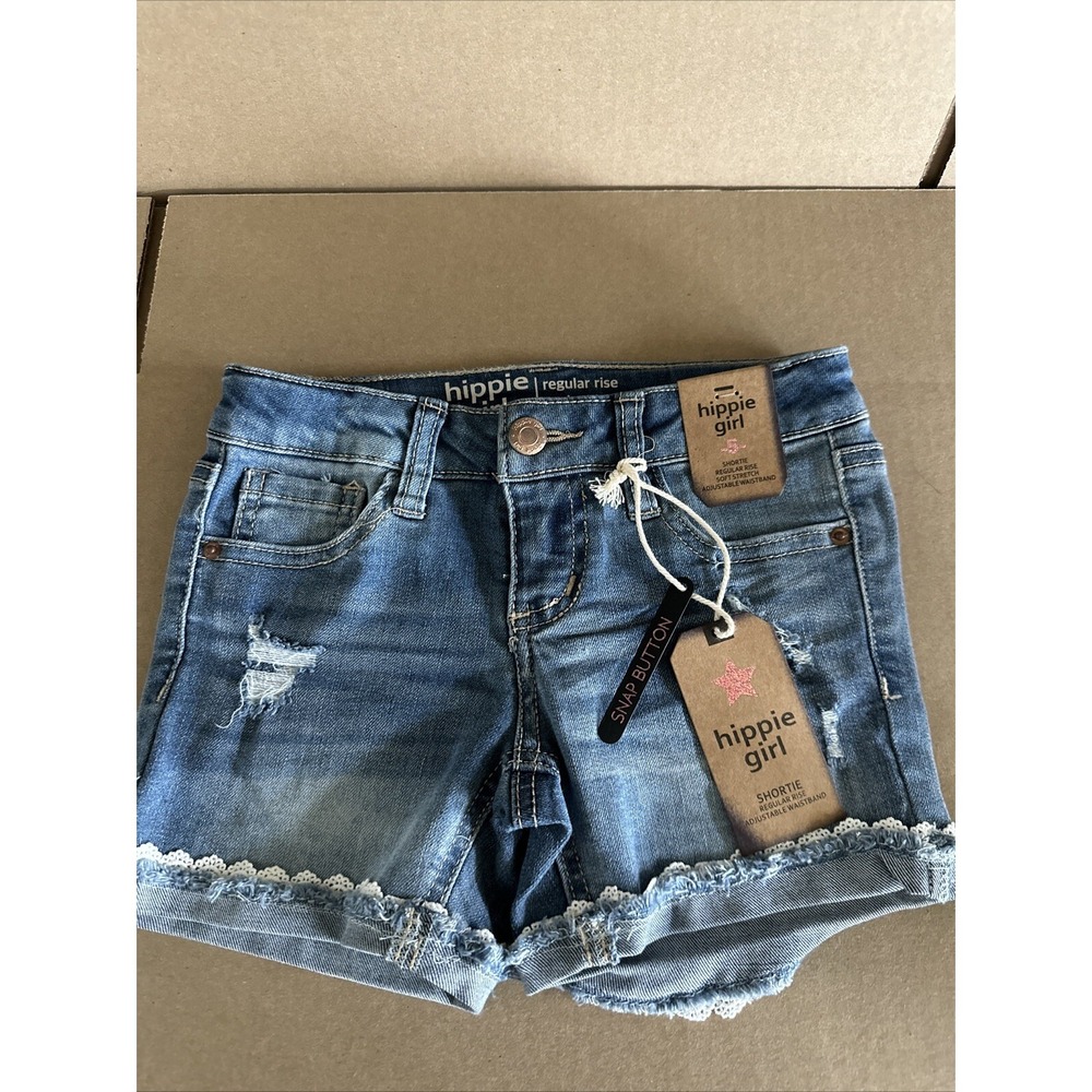 Hippie Girl NWT Girls Size 5 Shortie Reg-Rise Stretch Lace Trim Denim Shorts